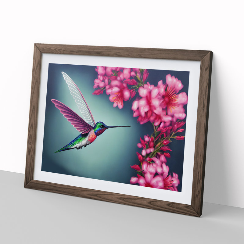 Floral Hummingbird - Single Picture Frame Print, 46cm H x 64cm W x 2cm D, Walnut Framed