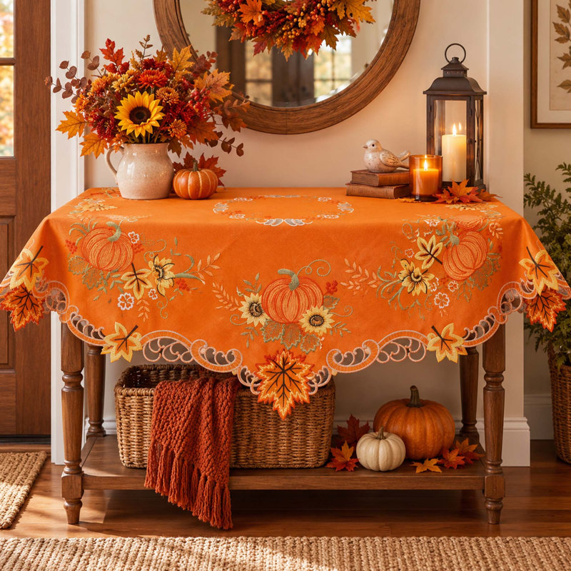Nappe carrée brodée d'automne de 86 cm (34 po) avec motif citrouille et tournesol