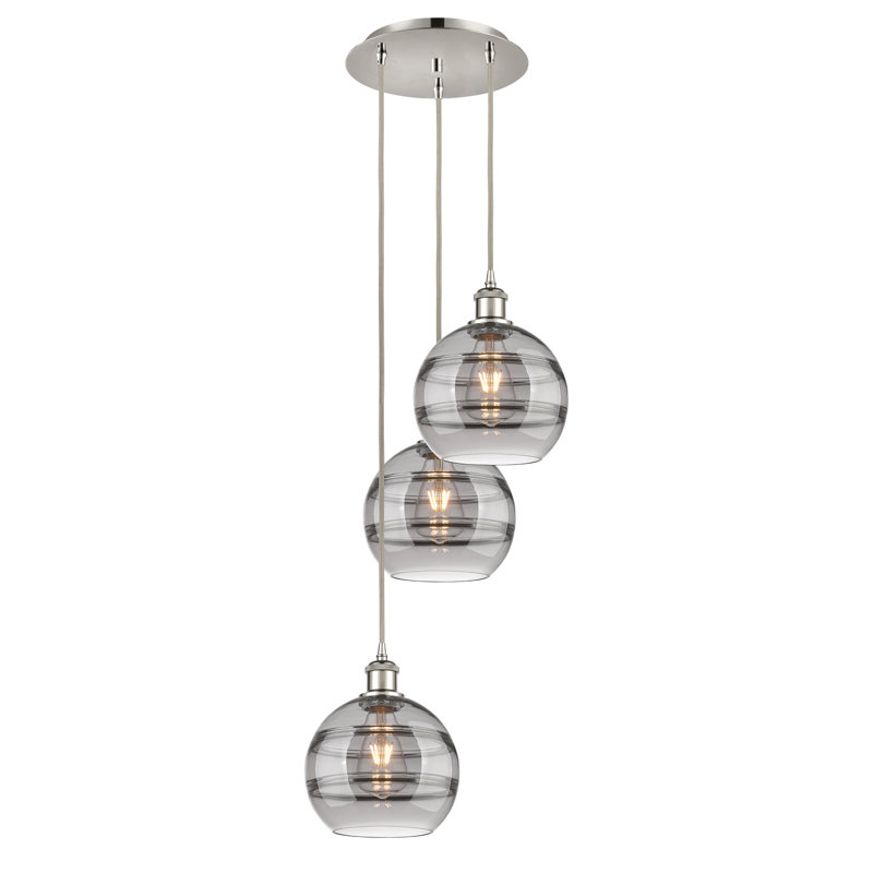 Luminaire suspendu en grappe à 3 lumières Chartoff, Gris fumée clair, Laiton antique, H 30,38 po x l 14,5 po x P 14,5 po