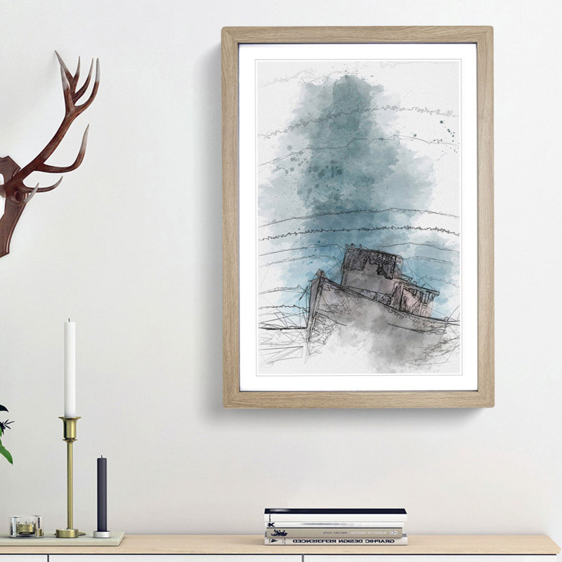 Stranded Boat upon the Beach in Abstract - Picture Frame Graphic Art Print, Oak Framed, 48cm H x 36cm W x 2cm D