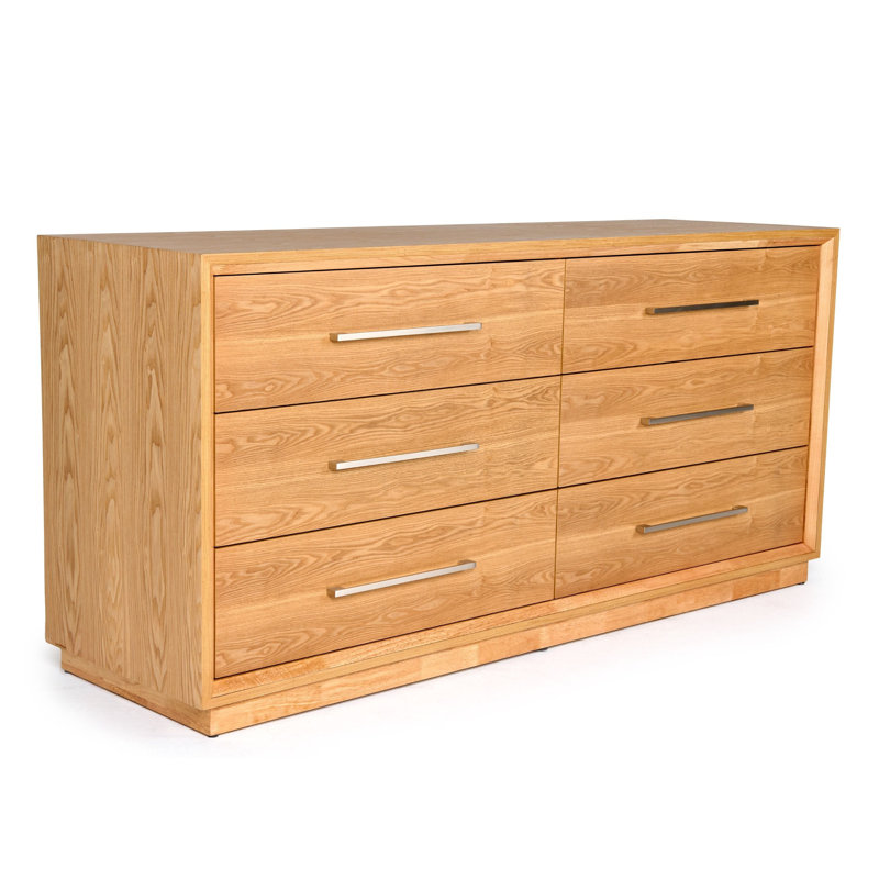 Commode 68 po Noe Malia, 6 tiroirs, poignées nickel, bois massif naturel