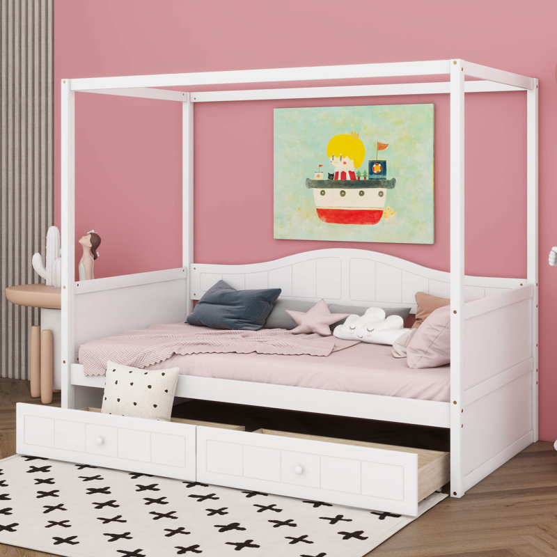 Twin Size Canopy Bed With 2 Drawers, Wooden Daybed Frame, Sofa Bed, Platform Bed Frame For Kids, Teens, Adults, White