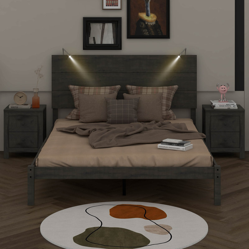 Grand lit plateforme avec 2 lumières de chevet et table de chevet 2 tiroirs, Gris antique
