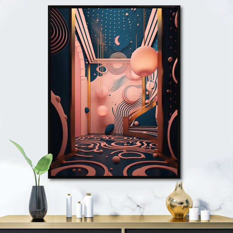 «Futur Folklore Minimal Retro Architecture», reproduction d'art sur toile, Cadre flottant noir, H 40 po x l 30 po x P 1,5 po