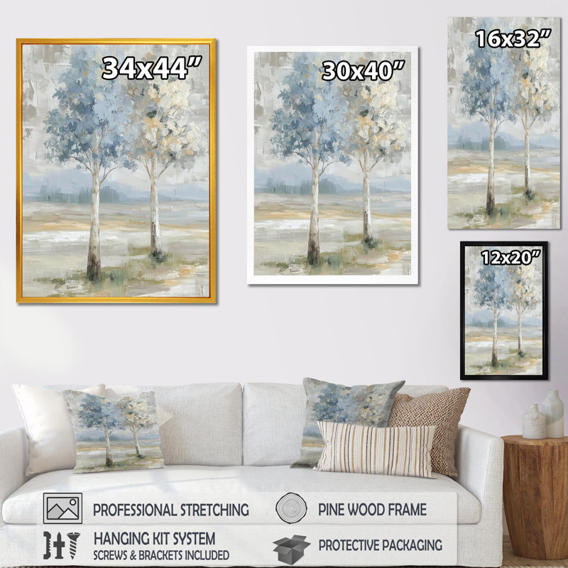 «Sprint Time Floral Trees Forest Dream - Trees», reproduction d'art sur toile bleu nature, H 20 po x l 12 po, Cadre flottant