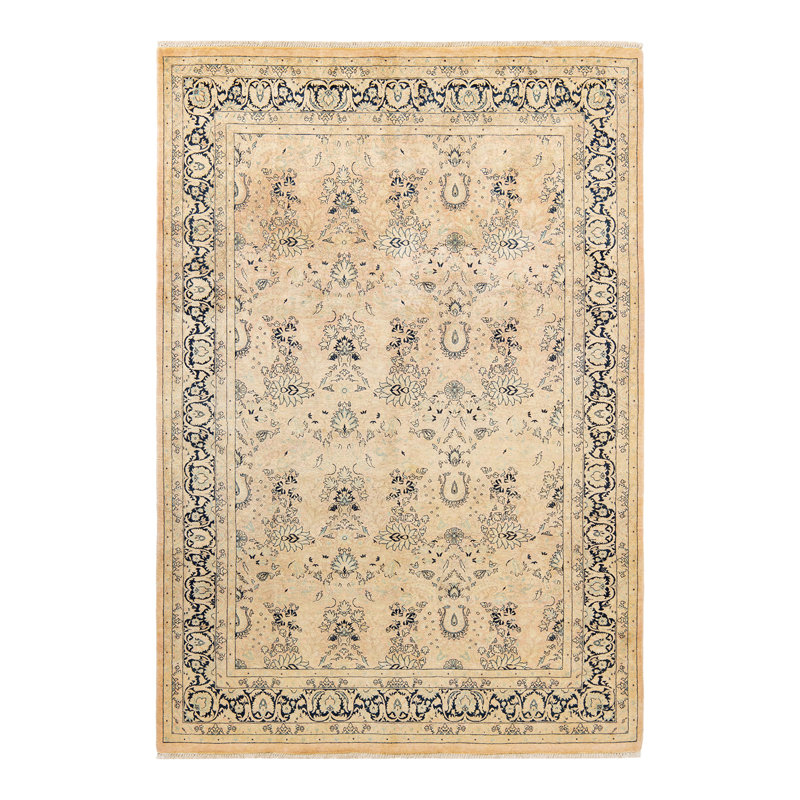 Tapis ivoire / bleu noué à la main de conception unique 6 pi 2 po x 9 pi Sholom
