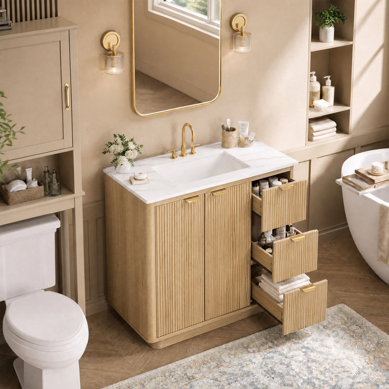 Meuble-lavabo simple 36 po avec lavabo en céramique, Chêne classique, L 36 po