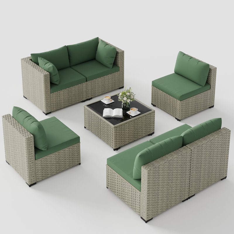 7 Pieces  Design-Oriented Rattan Patio Conversation Sets With Cushions, Green