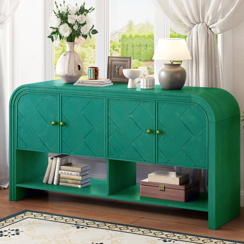 Oasis 60" Console Table With Buffet Cabinets, Curved Edge And Metal Handles, Green