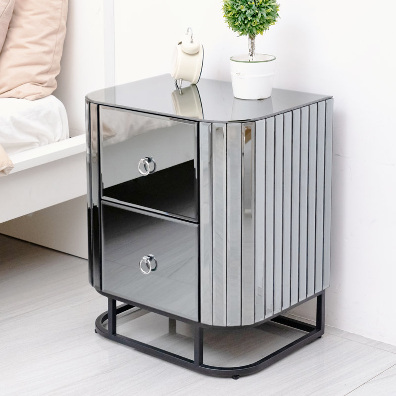 Table de chevet 2 tiroirs en fer gris, Gris / noir
