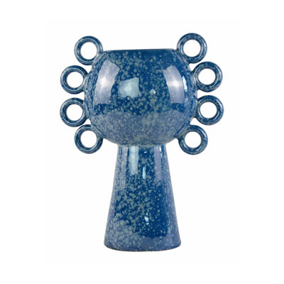 Orin Decorative Vase, 8 Loop Handles, Blue White Speckled Ceramic 15 Inch