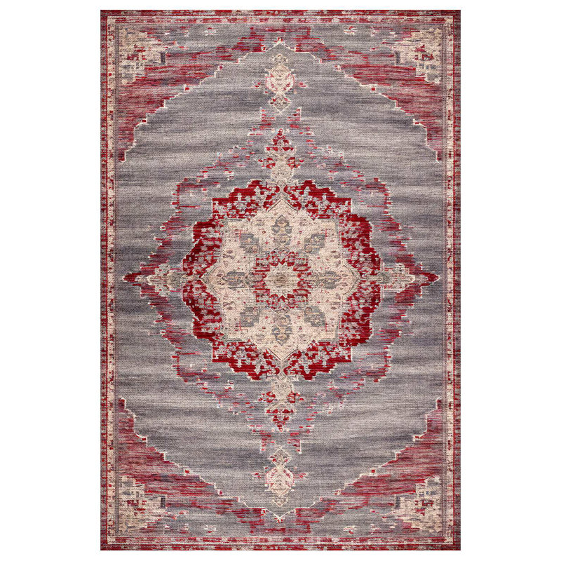 Marisol Burgundy Beige Gray Oriental Machine Printed Cotton Polyester Area Rug, Round 4'