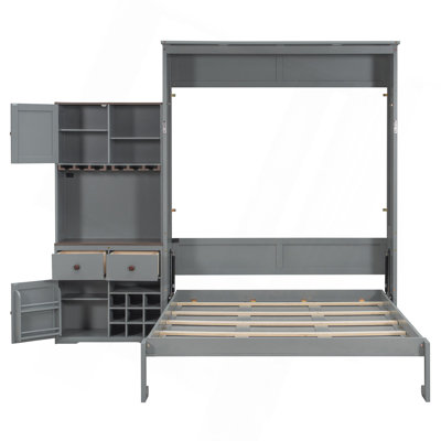 Grand lit escamotable avec armoire de rangement, support à vin, porte-verre, tiroirs et bande DEL multicolore