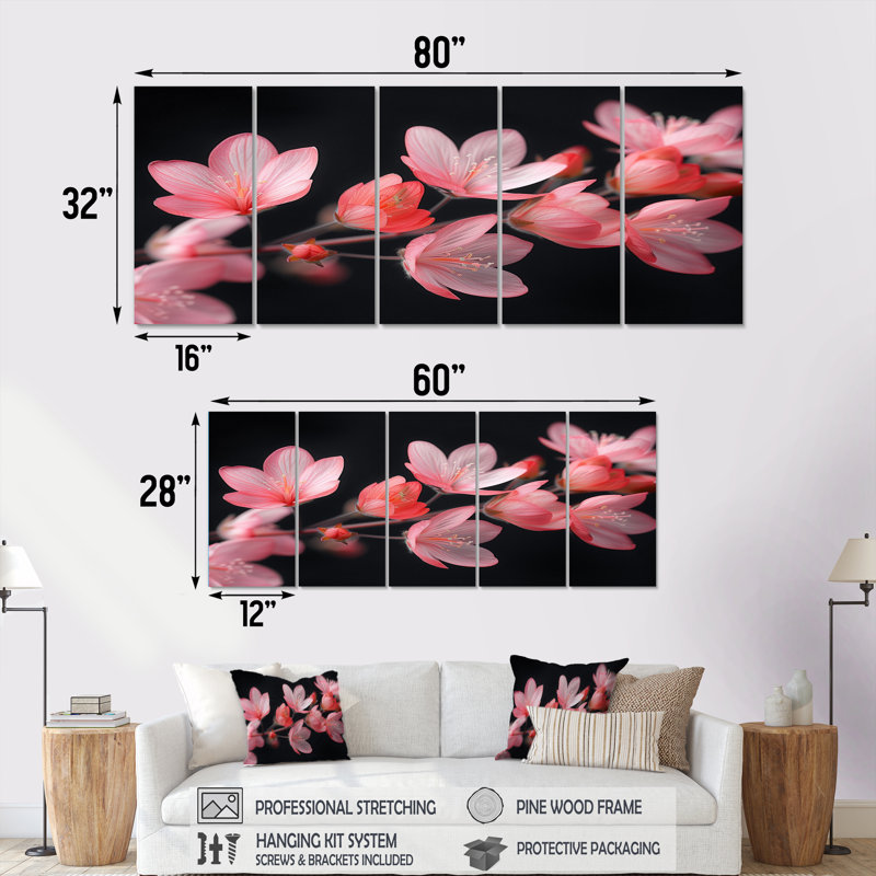 «Pink Black Garden Whimsy Cherry Blossoms», ensemble d'art mural sur toile Cherry Blossom, H 28 po x l 60 po