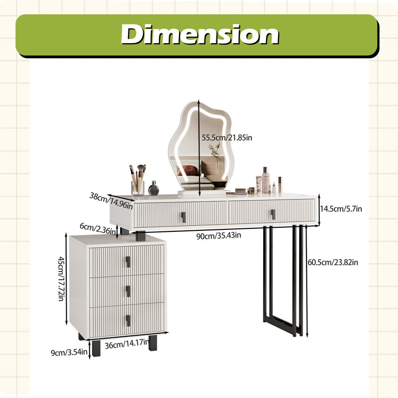 Adjustable-Length Vanity With Cloud LED Mirror - Modern Makeup Table With Storage Drawers  Side Cabinet