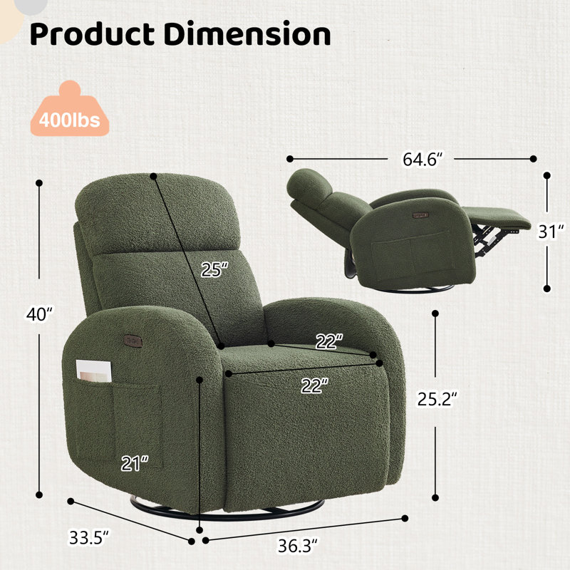 Delba 37"W Power Swivel Rocker Glider Nursery Recliner with USB & Type-C Port,Round Armrest and Double Pockets, Green Teddy