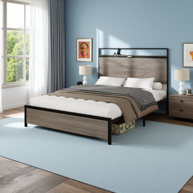 Structure de lit plateforme en bois avec tête de lit à DEL avec rangement et 2 ports USB, aucun bruit, aucun matelas à ressorts requis et outils d'assemblage simples, grand rangement sous le lit