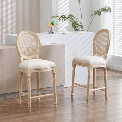 Chaises de bar rembourrées de style français de 26 po de hauteur, avec dossier en filet, pieds avant, aspect fil de fer, en coton et en lin, démontables, pour la cuisine, beige de style champêtre, avec dessin de sculpture