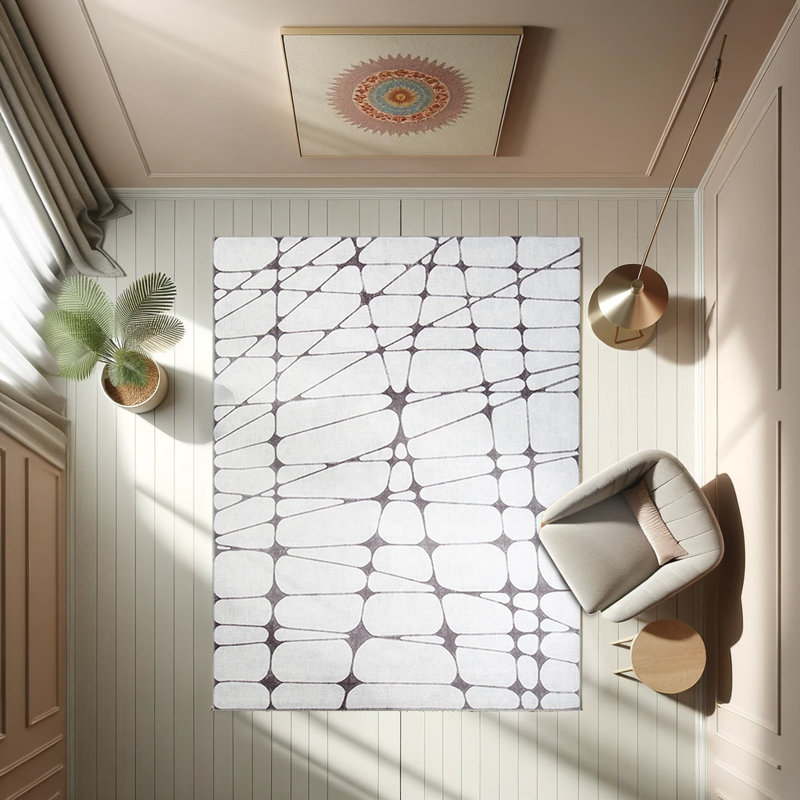 Tapis décoratif blanc à base géométrique tissé noir, Rectangle 3 pi 10 po x 5 pi 3 po