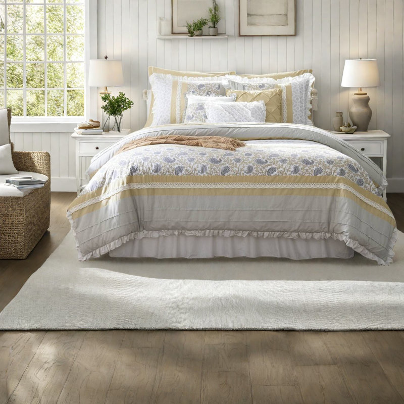 Luxurious Farmhouse Bedding Set, Cotton With Feminine Shabby Chic Yellow