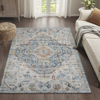 Mirnes Bohemian Medallion Low-Pile Machine-Washable Cream/Blue/Terra Rug