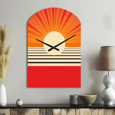 Minimal géométrique orange audacieux coucher de soleil VI - horloge murale arquée en métal