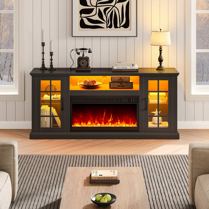 59" TV Stand with Fireplace, RGB LED Lights and Charging Station, Black