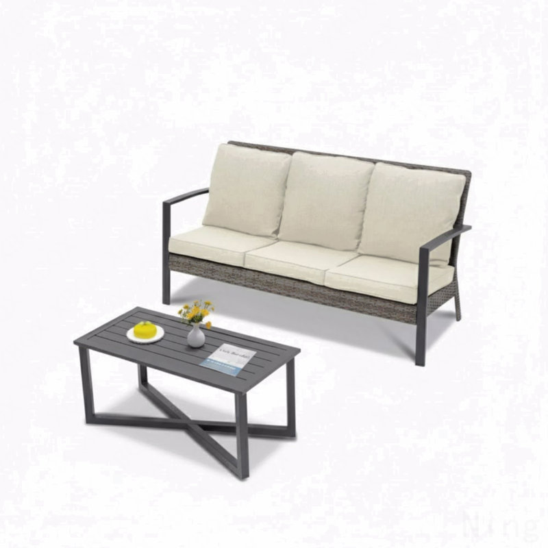2-Piece Wicker Patio Conversation Set With Beige Cushions & Coffee Table, Beige