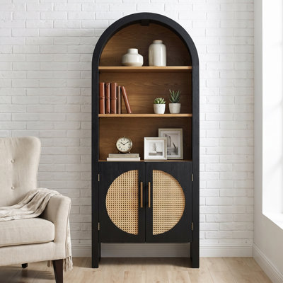 60" Tall Black Curved Arched Bookcase with Rattan Closed Storage Doors, Engineered Wood Farmhouse Accent Cabinet for Living Room, Kitchen Pantry & Bathroom