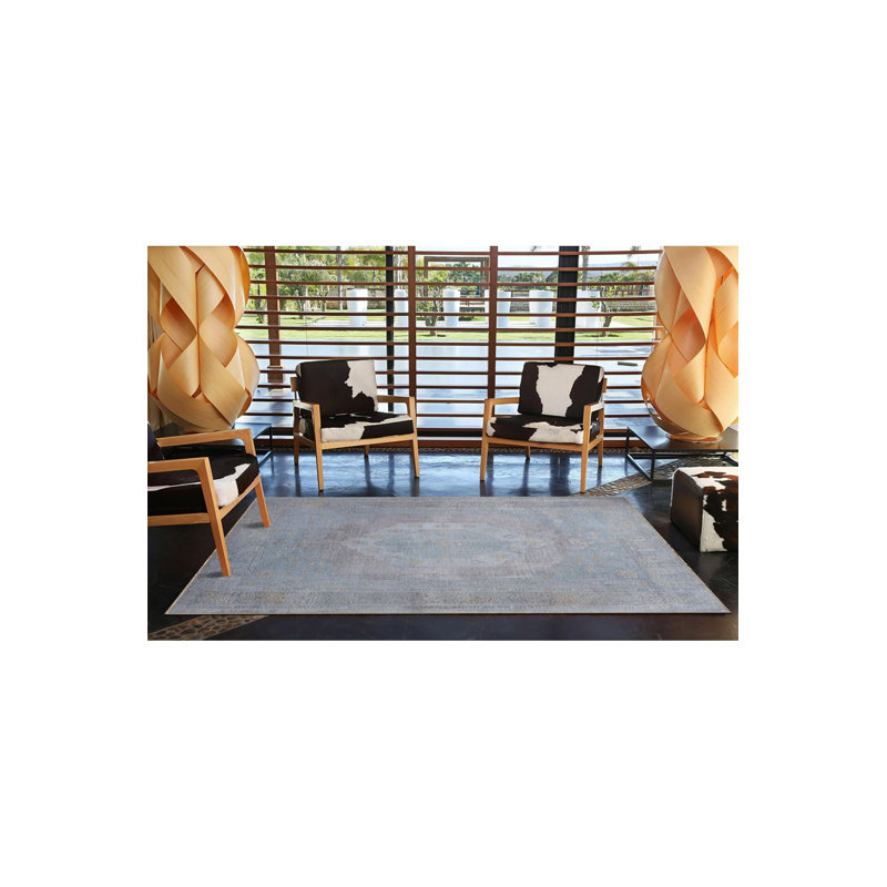 Tapis bleu clair tissé à la machine lavable à la machine, Carré 4 pi 11 po