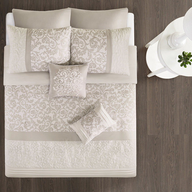 Queen Size 8 Comforter - Embroidered Decorative Pillows, Soft Microfiber,, Neutral, Queen Comforter + 7 Additional Pieces