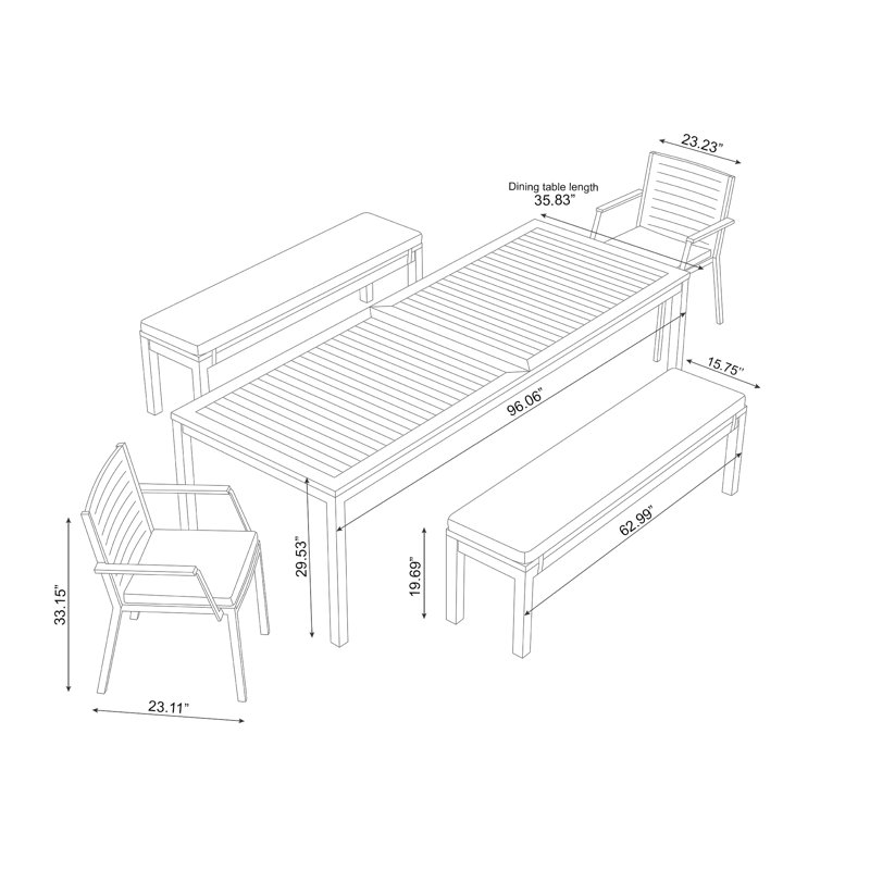 Outdoor Furniture Monterey 5 Piece Dining Set with 96 in. Table & Bench Seating, Stainless Steel/Natural Teak