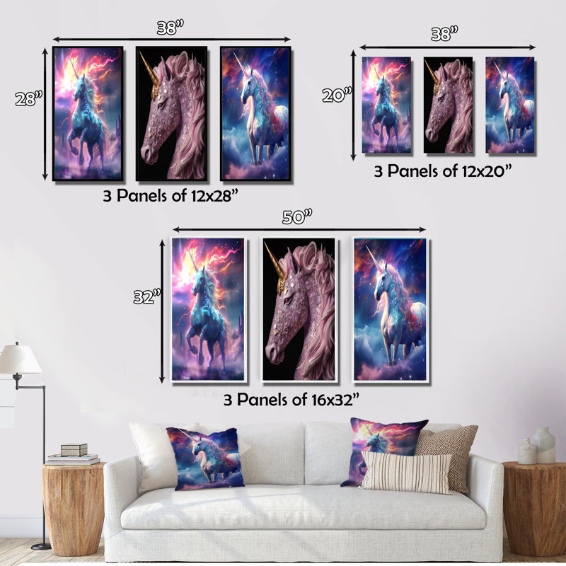 «Cosmic Purple Unicorn Magic III», 3 pièces sur toile, Encadré naturel, H 40 po x l 60 po