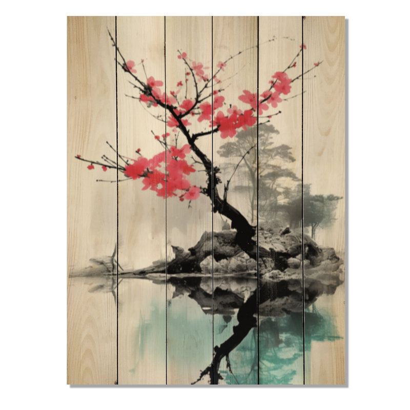 Art asiatique, lac Sumi I sur bois, H 40 po x l 30 po x P 0,78 po