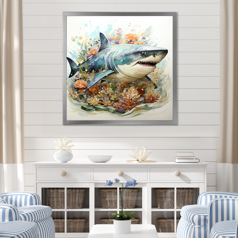 «Curious Shark Ocean Blooms I» - art mural requin, Cadre simple argenté, H 16 po x l 16 po x P 1 po