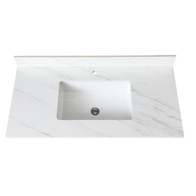 43 po. Plateau de meuble-lavabo 43 po en pierre frittée blanche - lavabo rectangulaire, dosseret de 4 po, trou de robinet pré-percé, option classique, assurance qualité 43 po