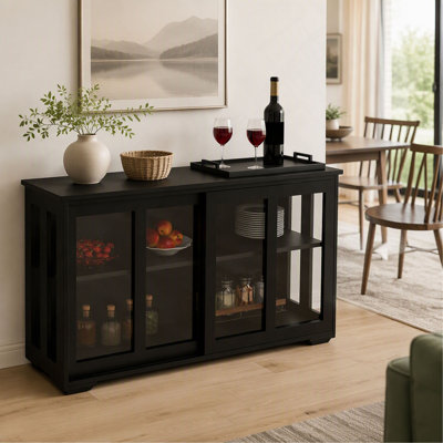Kitchen Storage Stand Cupboard with Glass Door in Black Finish, Display Cabinet for Kitchen and Dining Room