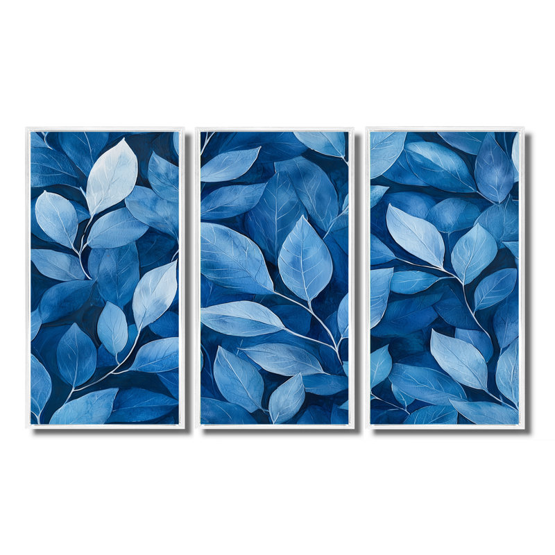 Indigo feuilles feuillage collage I - feuilles, art mural - 3 panneaux, H 40 po x l 60 po, Blanc