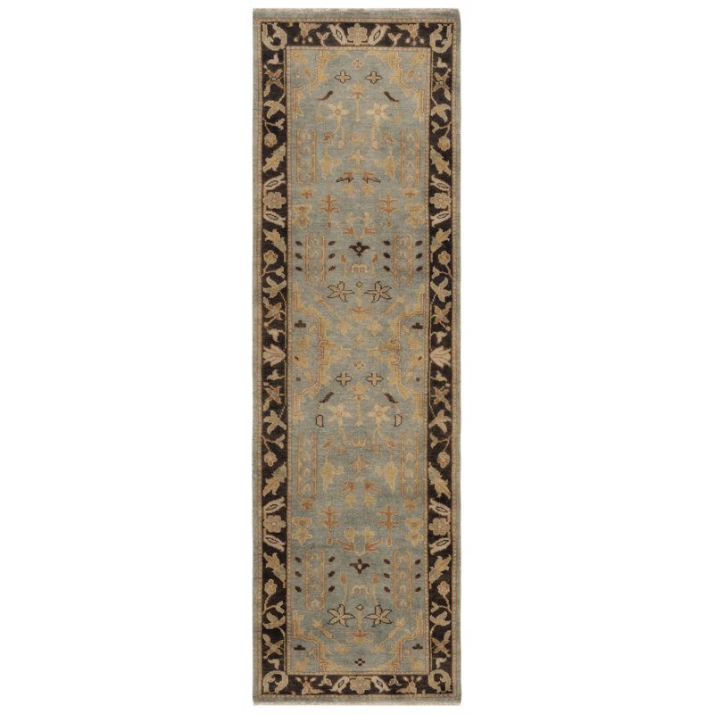 Oushak Hand-Knotted Wool Light Blue/Brown Area Rug, Runner 3' x 10'