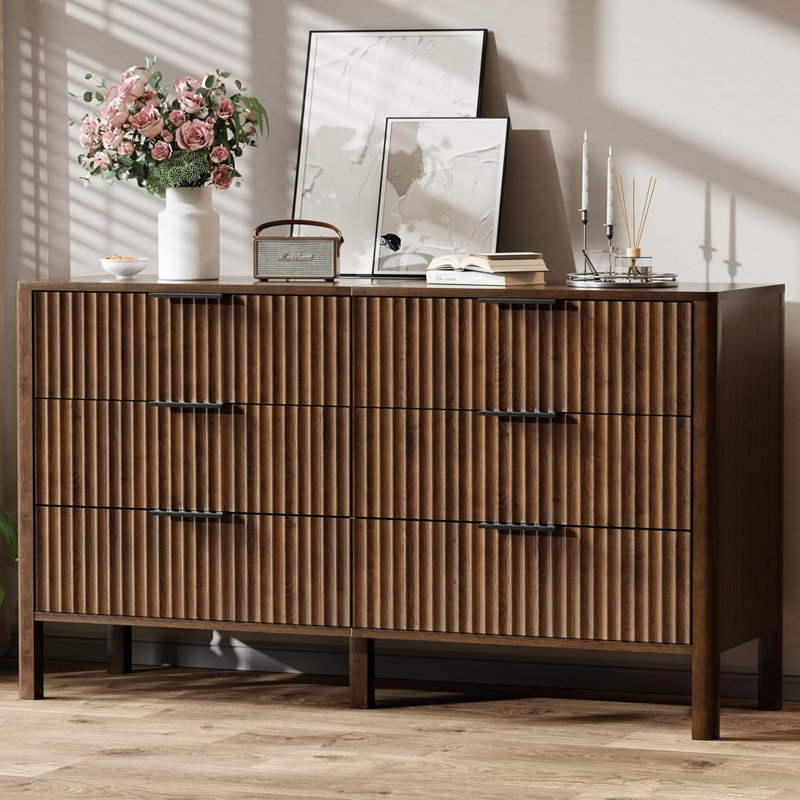 55" Wide Fluted 6 Drawer Dresser For Bedroom, Wooden Dresser Modern Chest Of Drawers TV Stand Dressers With Organizer Storage For Bedroom, Living Room, Entryway,
