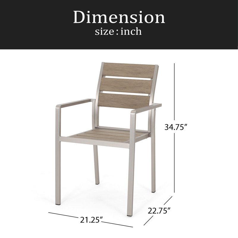 Chaise de salle à manger d'extérieur moderne en aluminium avec siège en faux bois (ensemble de 2), Naturel / Argenté