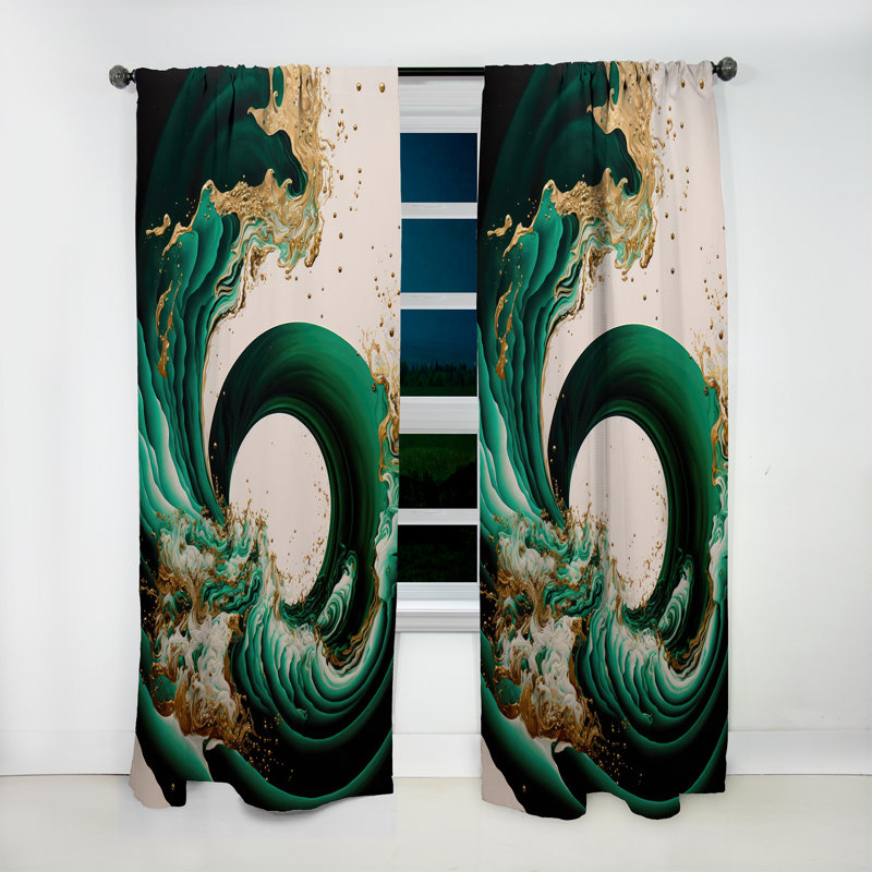 Vert émeraude et vagues abstraites dorées IV - Rideau occultant abstrait - 1 panneau, L 52 po x L 95 po