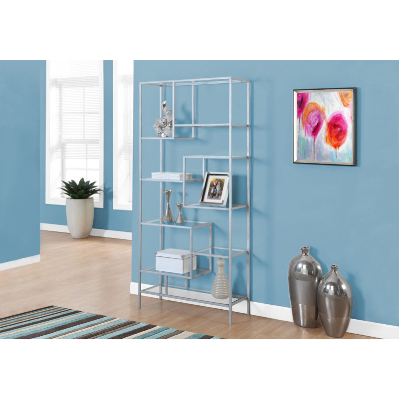 Étagère H 72 pouces en verre trempé transparent, Argent argent