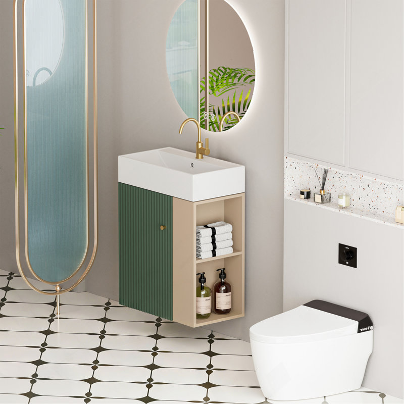 Meuble-lavabo à fixation murale 21,6 po avec lavabo en céramique, porte à fermeture douce, tablette de rangement flottante droite, assemblage requis, vert