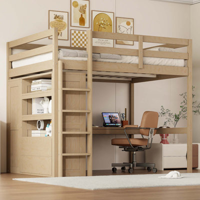 Lit mezzanine double en bois avec garde-robe intégrée, bureau, tablettes de rangement et tiroirs
