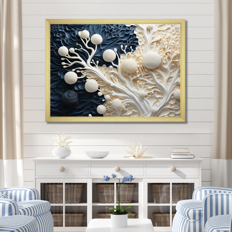 Art mural blanc et bleu corail I - Coastal Coral Under Water, Cadre doré simple, H 34 po x l 44 po x P 1,5 po