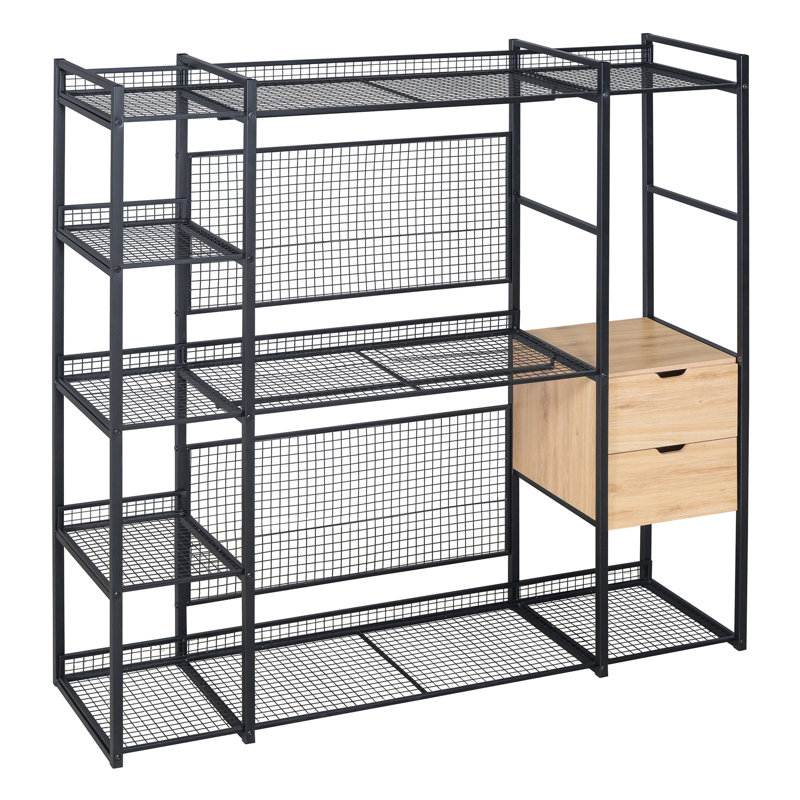 Garde-robe de style ouvert avec rails suspendus, tablettes et tiroirs, Noir, noir, noir, noir