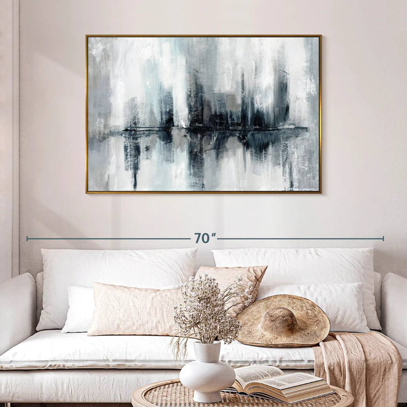 Lumières de port indigo, 46 po x 31 po, Cadre flottant doré