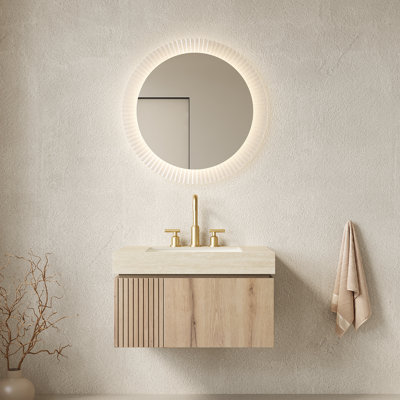 Meuble-lavabo mural flottant 30 po (4 finitions) - Armoire pré-assemblée en contreplaqué avec comptoir en pierre frittée Travertine et lavabo encastré en céramique Roma