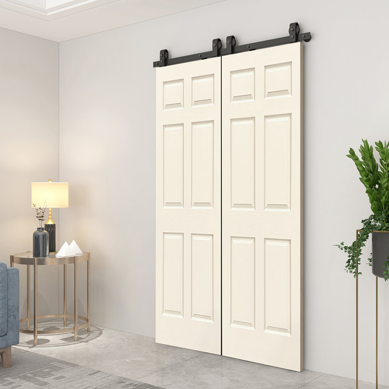 Paneled MDF Composite Double Bifold Barn Doors with Installation Hardware Kit, 80" H x 48" W, Beige